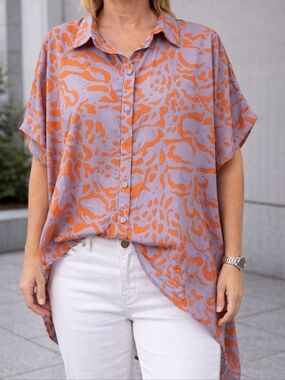 White Lily Women's Lavender Orange Printed Button-Up Blouse Oversized Large New